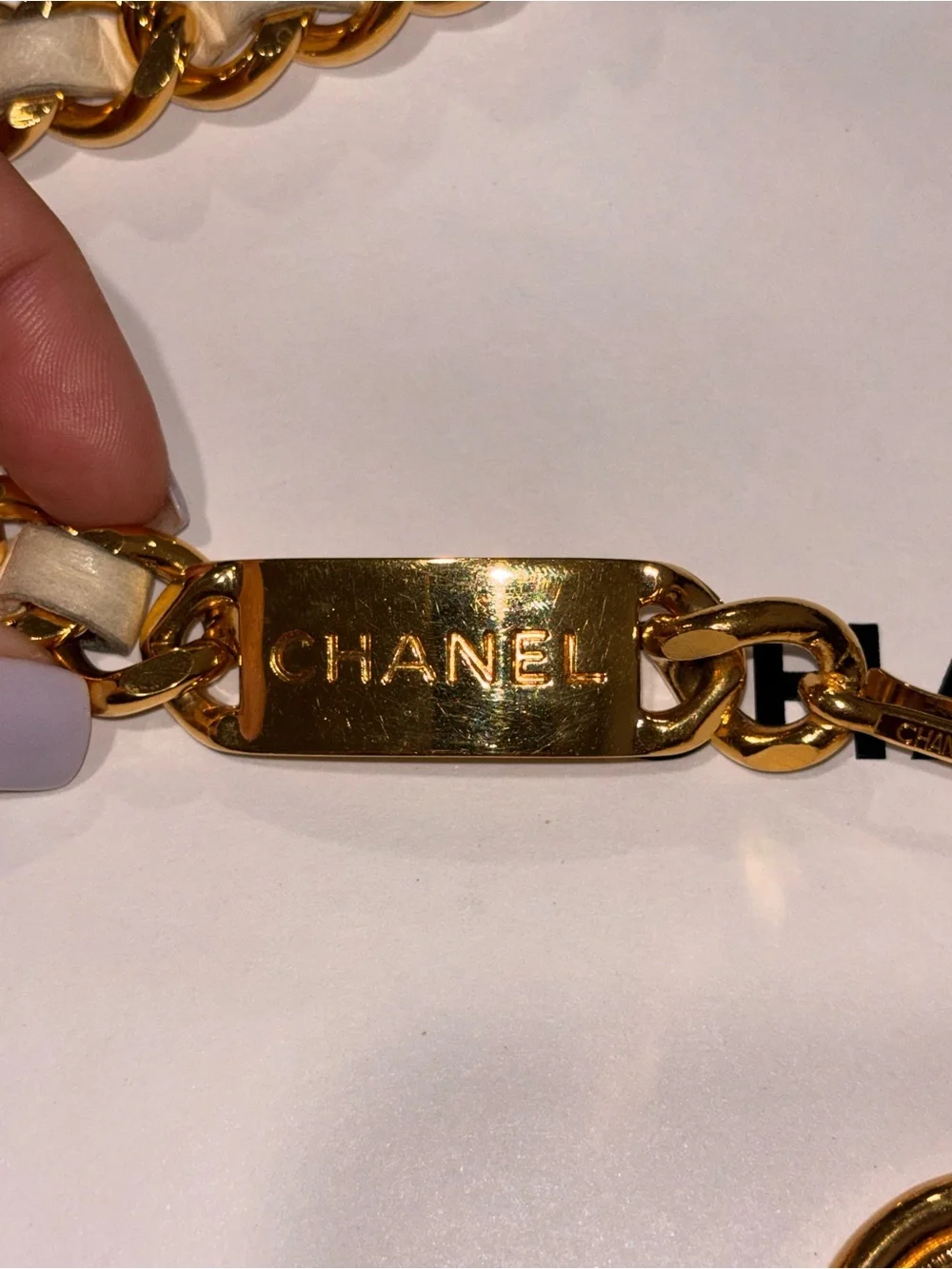 Authentic CHANEL vintage beige leather chain medallion belt 75cm